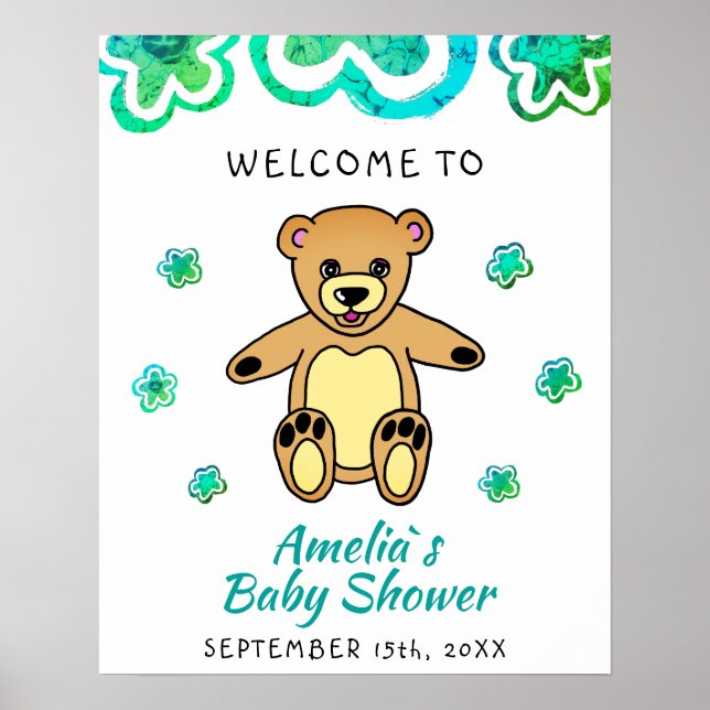 Teddy Bear Blume Floral Baby Dusche Willkommen Poster (Vorne)