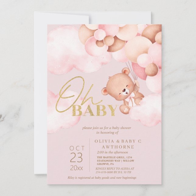 Teddy Bear Blush Pink Balloons Baby Girl Dusche Einladung (Vorderseite)