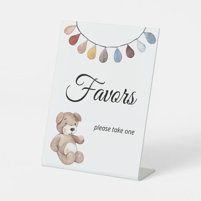 Teddy Bear Boho Babydusche Favor Tablescape Sockelschild (Vorderseite)