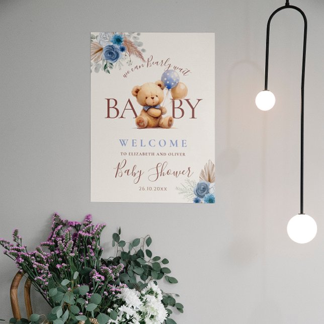 Teddy Bear Boho Blue Rose Balloon Babydusche Poster (Von Creator hochgeladen)