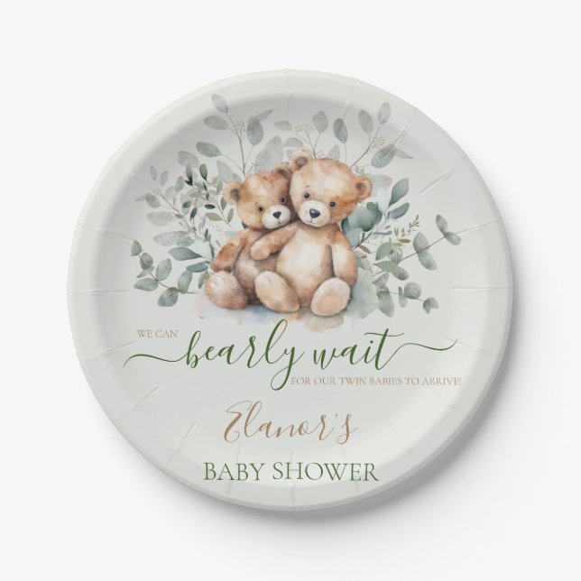 Teddy Bear Boho Twins Gender Neutral Baby Shower Pappteller (Vorderseite)