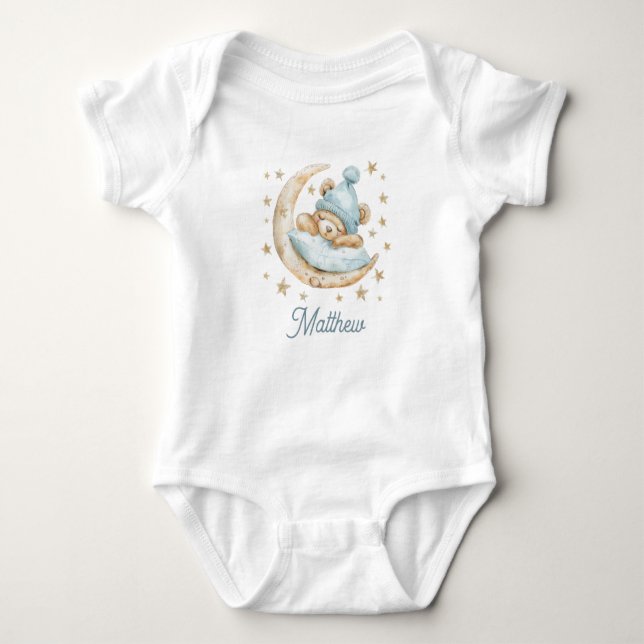 Teddy Bear Boy Baby Moon Stars Name Blue Strampler (Vorderseite)