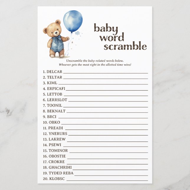 Teddy Bear Boy Baby Shooter Word Scramble Game (Vorderseite)