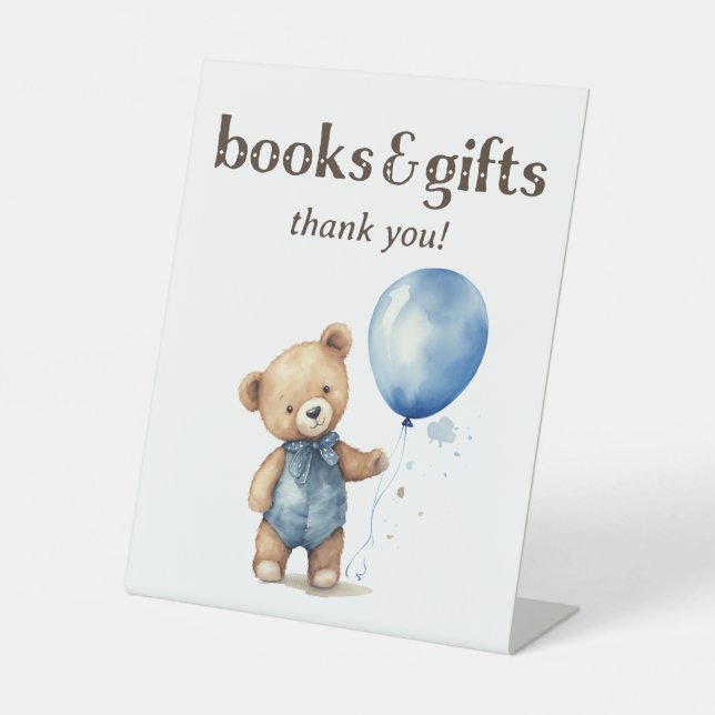 Teddy Bear Boy Baby Shower Bücher und Geschenke Sockelschild (Vorderseite)