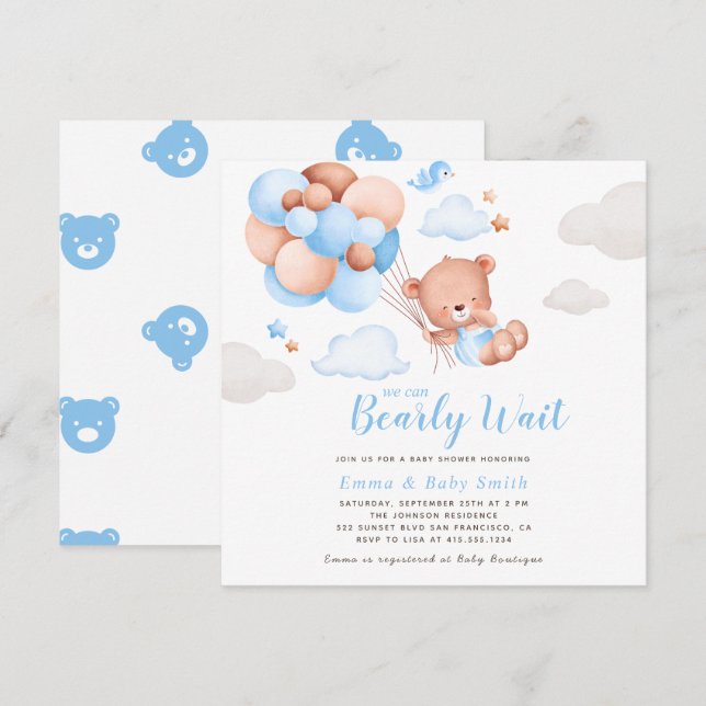 Teddy Bear Boy Baby Shower Einladung (Vorne/Hinten)