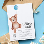 Teddy Bear Boy Baby Shower Einladung<br><div class="desc">Eine Babydusche "wir können frühzeitig warten" Einladung mit einem Teddybär und einem blauen Ballon für einen kleinen Jungen. Matching Artikel in der Teddy Bear Baby Shower Theme Kollektion erhältlich.</div>