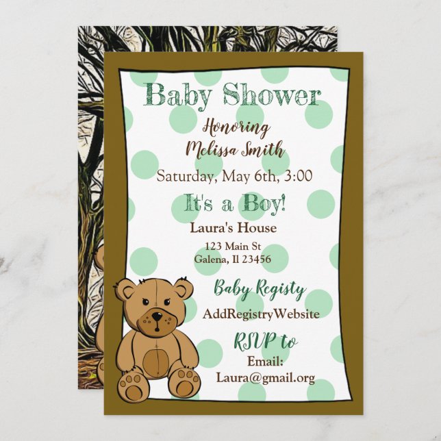 Teddy Bear Boy Baby Shower Invitations (Devant / Derrière)