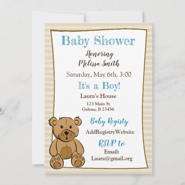 Teddy Bear Boy Baby Shower Invitations (Devant)