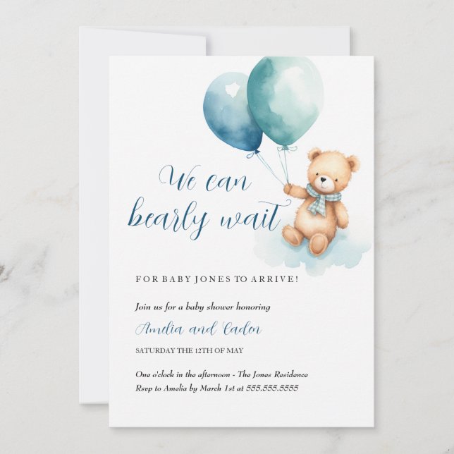 Teddy Bear Boy Bearly Wait Baby shower Invitation (Devant)