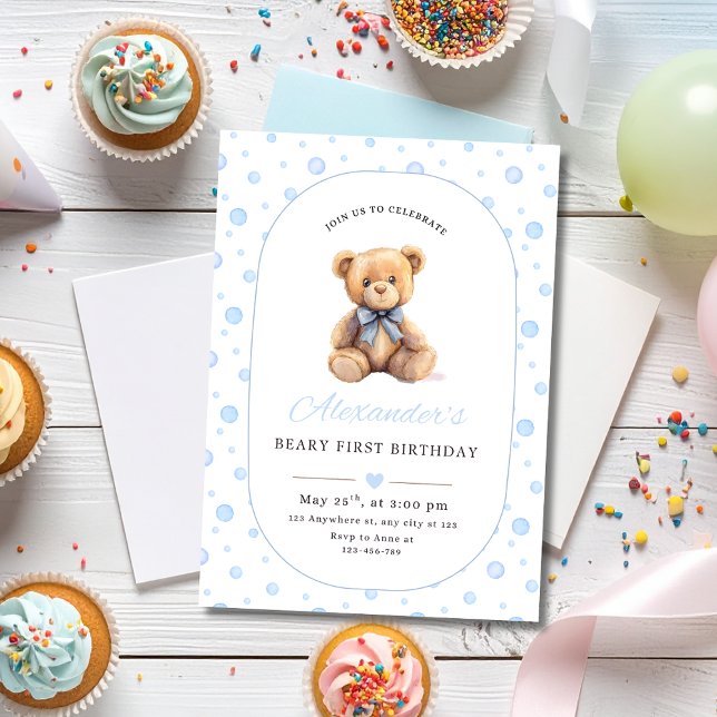 Teddy Bear Boy Birthday Invite, Beary 1st Birthday Einladung (Von Creator hochgeladen)