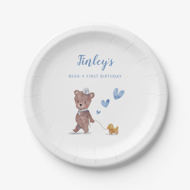 Teddy Bear Boy Birthday Party Pappteller (Vorderseite)