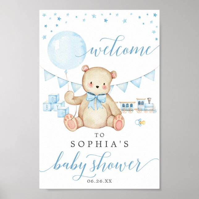 Teddy Bear Boy Blue Baby Dusche Begrüßungszeichen Poster (Vorne)