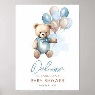 Teddy Bear Boy Blue Baby shower Affiche de bienven