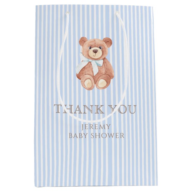 Teddy Bear Boy Classic Blue Stripe Baby Dusche Mittlere Geschenktüte (Vorderseite)