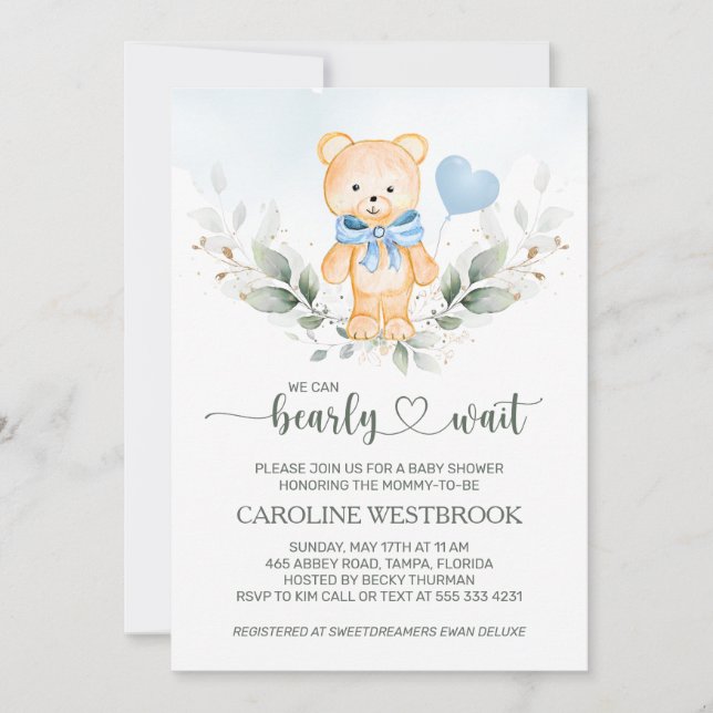 Teddy Bear Boy, Green Foliage Baby Shower Einladung (Vorderseite)