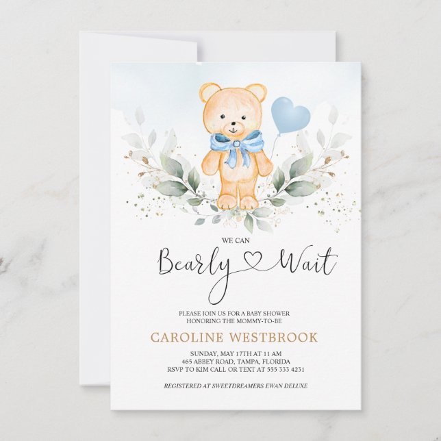 Teddy Bear Boy, Green Foliage Baby Shower Einladung (Vorderseite)