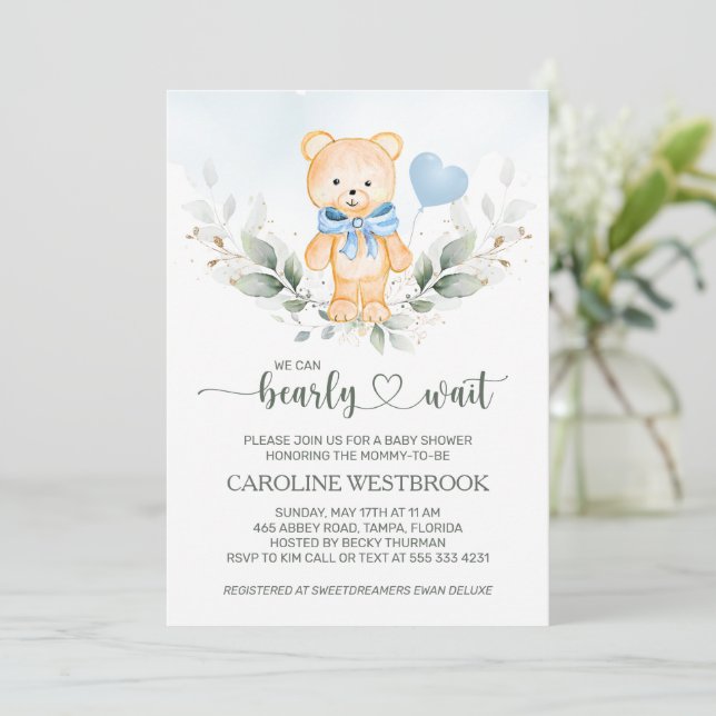 Teddy Bear Boy Greenerage Foliage Baby Shower Einladung (Stehend Vorderseite)