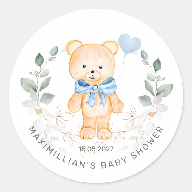 Teddy Bear Boy Greenerage Foliage Baby Shower Runder Aufkleber (Vorderseite)