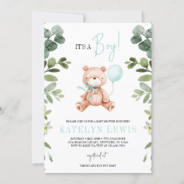 Teddy Bear Boy Greenery Baby Shower Einladung