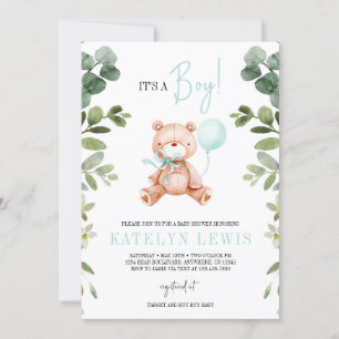 Teddy Bear Boy Greenery Baby Shower Einladung