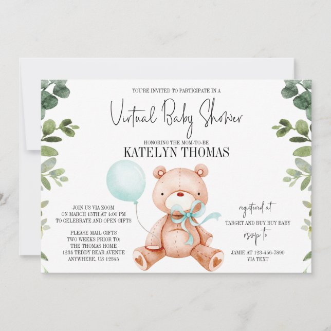 Teddy Bear Boy Greenery Virtual Baby Shower Einladung (Vorderseite)