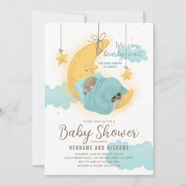 Teddy Bear Boy Moon Stars Blue Baby Dusche Einladung (Vorderseite)