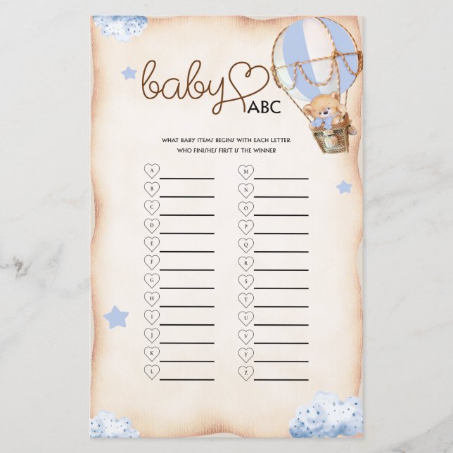 Teddy Bear Boy Shower Blue Baby ABC Spielkarte (Vorderseite)