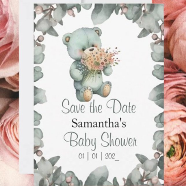 Teddy Bear Boy Watercolor Babydusche Einladung (Featuring a charming teddy bear and floral accents, it's the perfect way to invite loved ones to wel)
