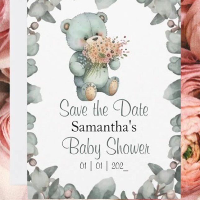 Teddy Bear Boy Watercolor Babydusche Postkarte (Celebrate your little cub's arrival with our Beary Cute Baby Shower Invitations! )