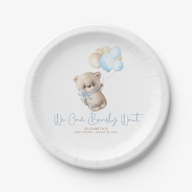 Teddy Bear Brown and Blue Baby Shower Paper Plate Pappteller (Vorderseite)