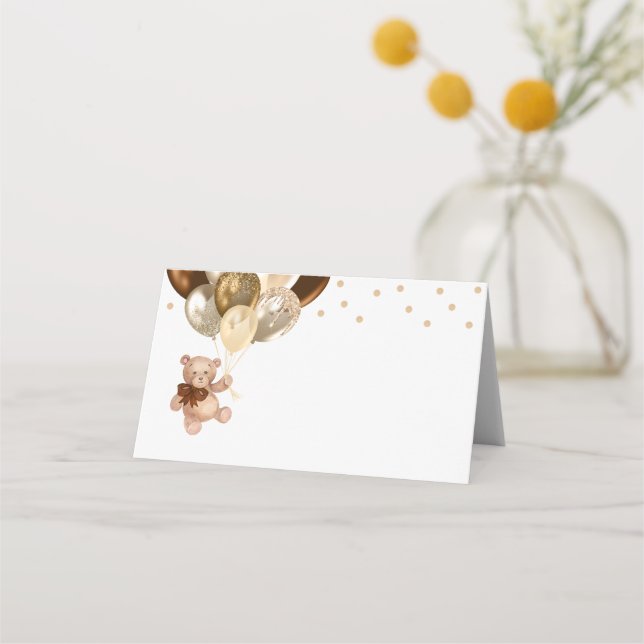 Teddy Bear Brown and Gold Balloons Babydusche Platzkarte (Vorderseite)
