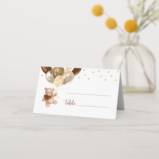Teddy Bear Brown and Gold Balloons Babydusche Platzkarte (Vorderseite)
