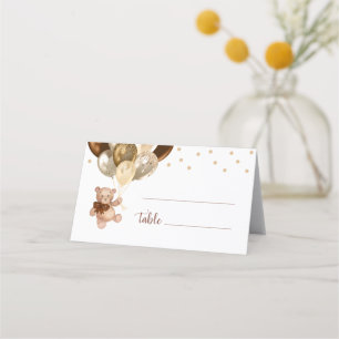 Teddy Bear Brown and Gold Balloons Babydusche Platzkarte