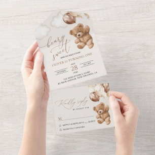 Teddy Bear, Brown Balloons, erster Geburtstag All In One Einladung