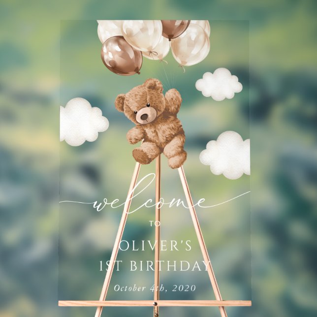 Teddy Bear, Brown Balloons, Erster Geburtstag Will Acrylschild (Neutral)