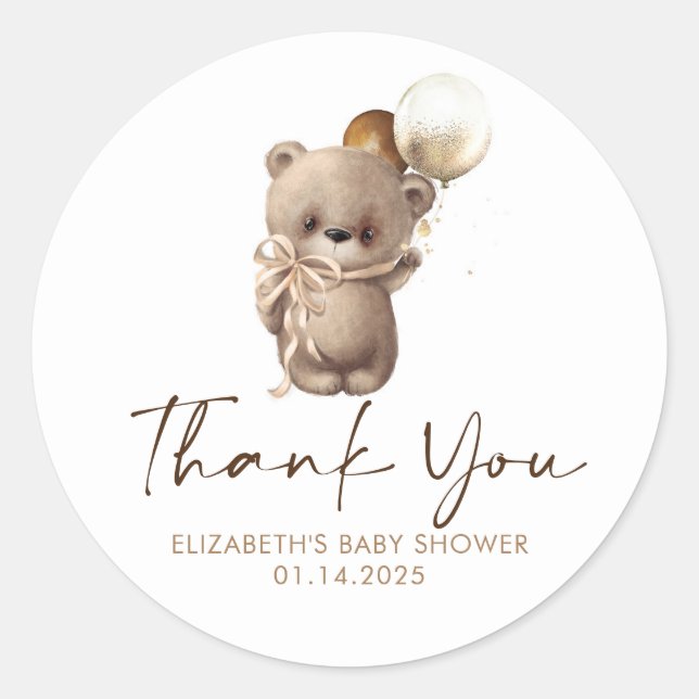 Teddy Bear Brown Gold Baby Dusche Vielen Dank Runder Aufkleber (Vorderseite)