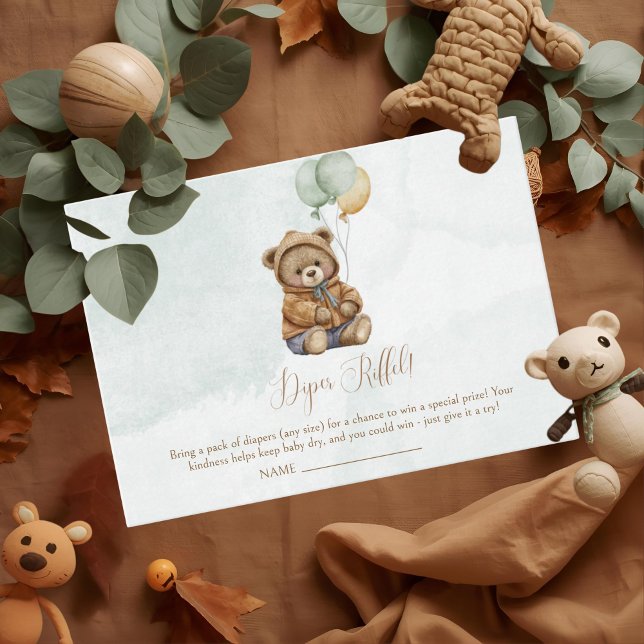 Teddy Bear Brown Sage Green Balloons Baby Begleitkarte (Von Creator hochgeladen)
