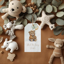 Teddy Bear Brown Sage Green Balloons Baby Geschenkanhänger