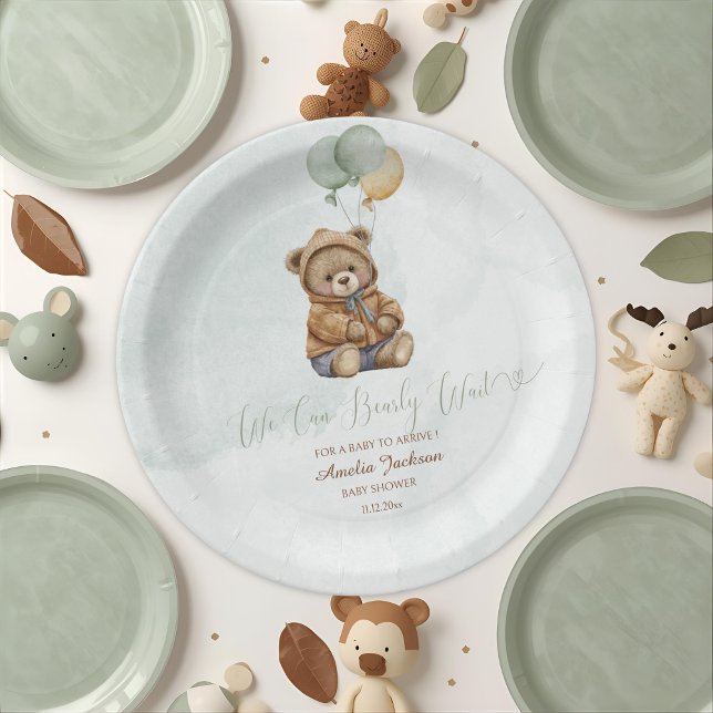 Teddy Bear Brown Sage Green Balloons Baby Pappteller (Von Creator hochgeladen)