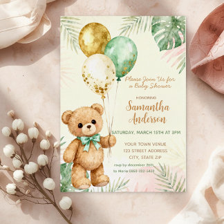 Teddy Bear Brown Sage Green Balloons Baby Shower Folieneinladung