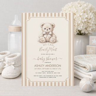 Teddy Bear & Brown Stripes Baby Shower Bearly Wait Einladung