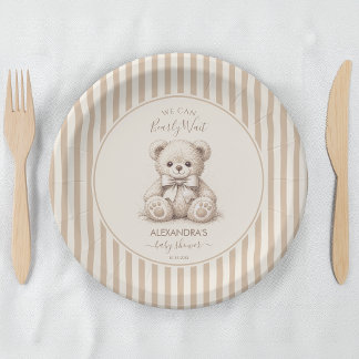 Teddy Bear & Brown Stripes Bearly Wait Baby Shower Pappteller
