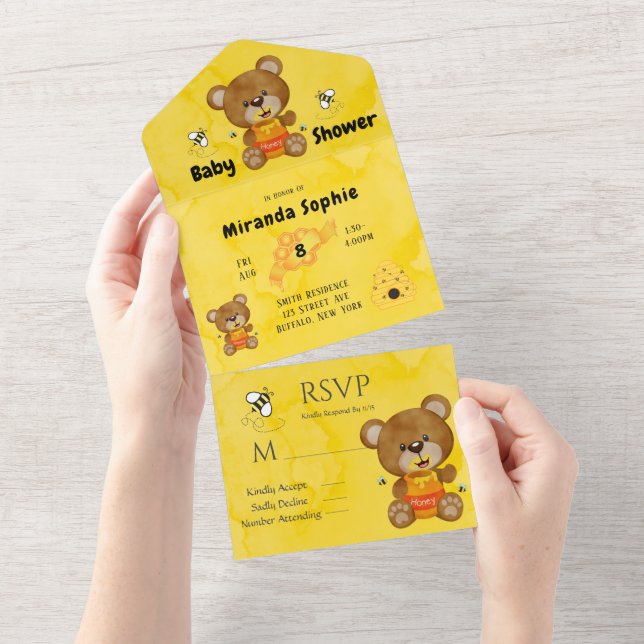 Teddy Bear Bumblebee Honey Babydusche All In One Einladung (Abreißen)