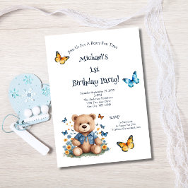 Teddy Bear Butterflies Baby Boy 1. Geburtstag Part Einladung