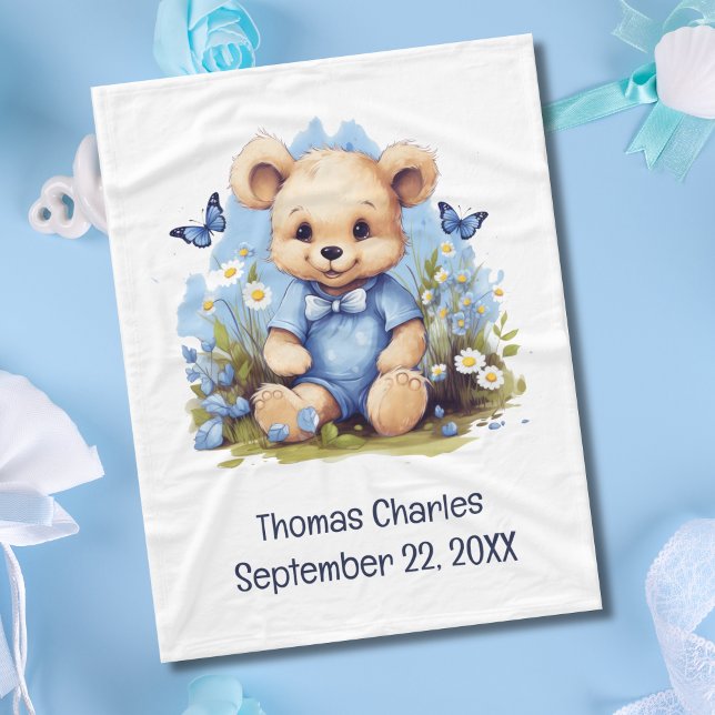 Teddy Bear Butterfly Blume Baby Shooter Baby Junge Fleecedecke (Teddy Bear Baby boy Baby Blanket Personalized Monogram Birth Stats.)