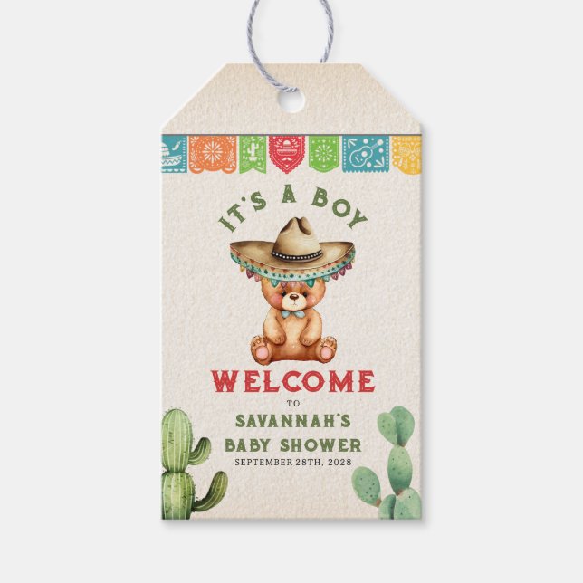Teddy Bear Cactus Boy Baby Shower Fiesta Geschenkanhänger (Vorderseite)