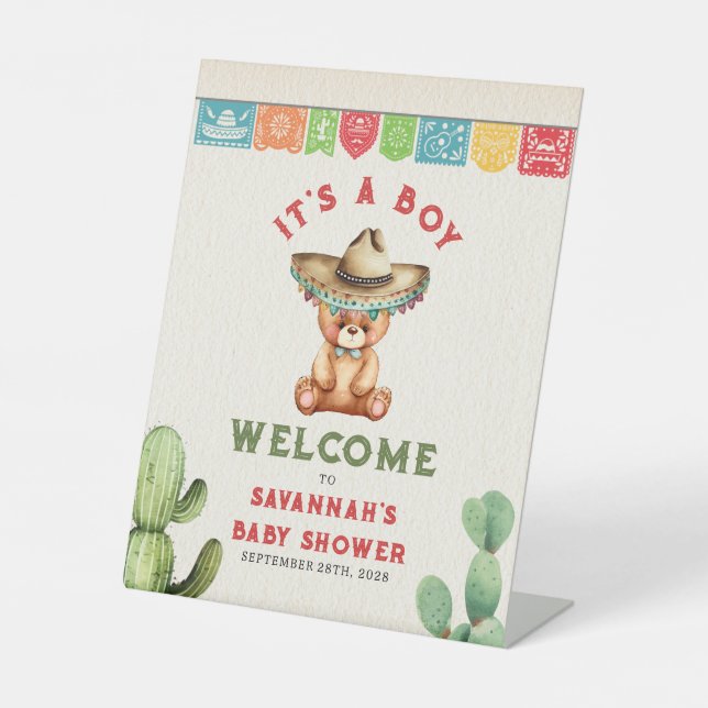 Teddy Bear Cactus Boy Baby Shower Fiesta Willkomme Sockelschild (Vorderseite)