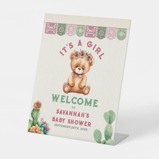 Teddy Bear Cactus Girl Baby Shower Fiesta Willkomm Sockelschild (Vorderseite)