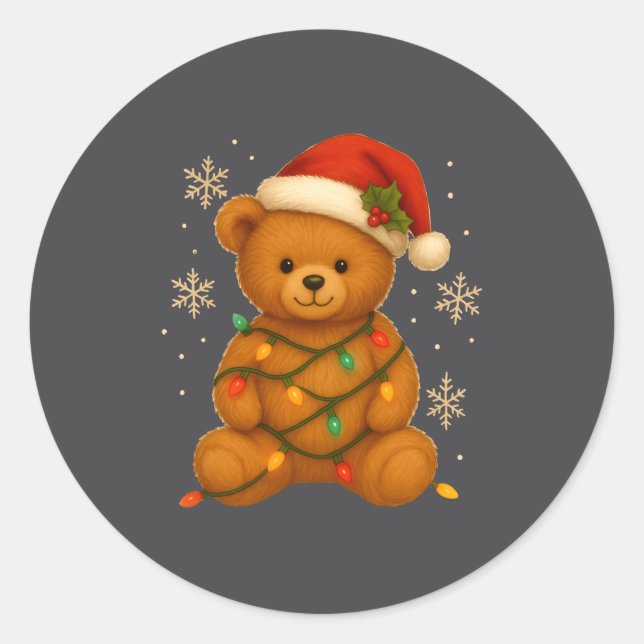 Teddy Bear Christmas Tree Lights Santa Hat For Bea Runder Aufkleber (Vorderseite)