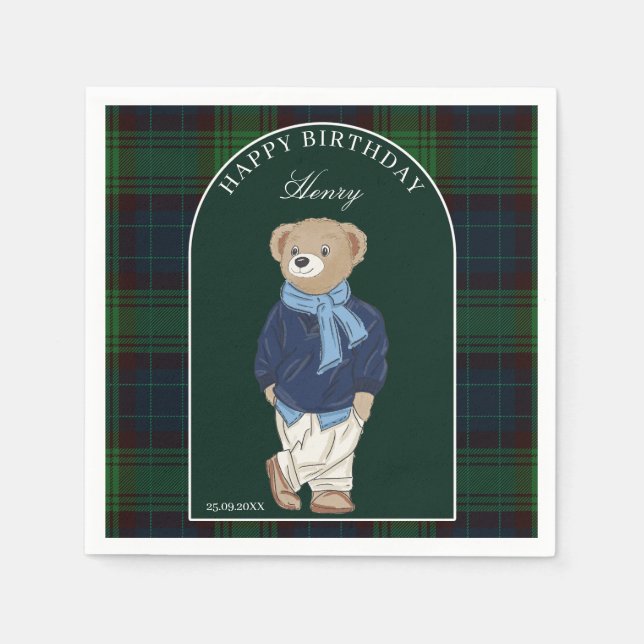 Teddy bear classic plaid birthday party custom serviette (Vorderseite)